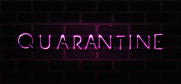 istock Coronavirus quarantine neon sign. COVID-19 virus caution symbol in neon style. Vector illustration. Shiny world pandemic alert design on dark brick wall background 1218759586