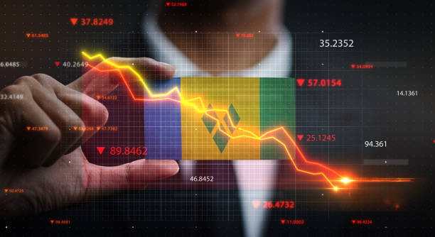 istock Graph Falling Down in Front Of Saint Vincent and the Grenadines Flag. Crisis Concept 1218759683