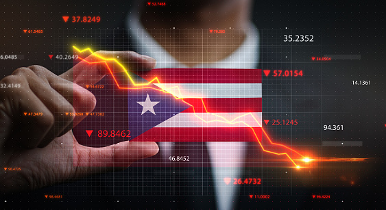 Graph Falling Down in Front Of Puerto Rico Flag. Crisis Concept