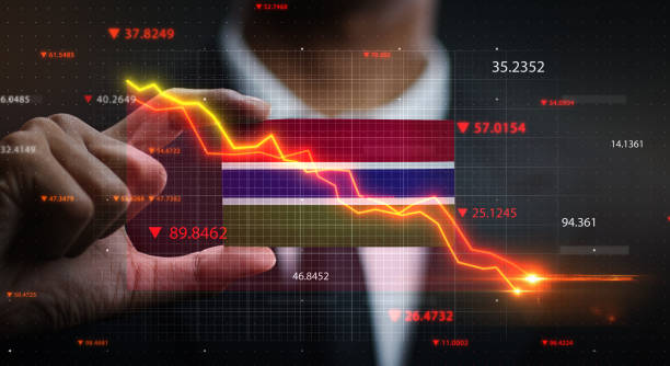istock Graph Falling Down in Front Of The Gambia Flag. Crisis Concept 1218759713