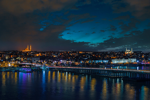 Istanbul urban down town road traffic view during twilight with amazing city lights long exposure