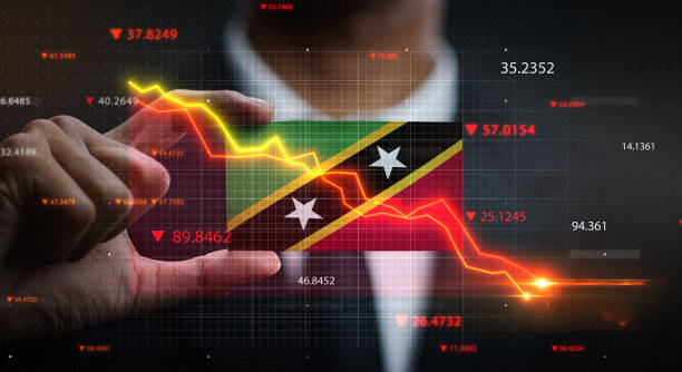 istock Graph Falling Down in Front Of Saint Kitts and Nevis Flag. Crisis Concept 1218760381