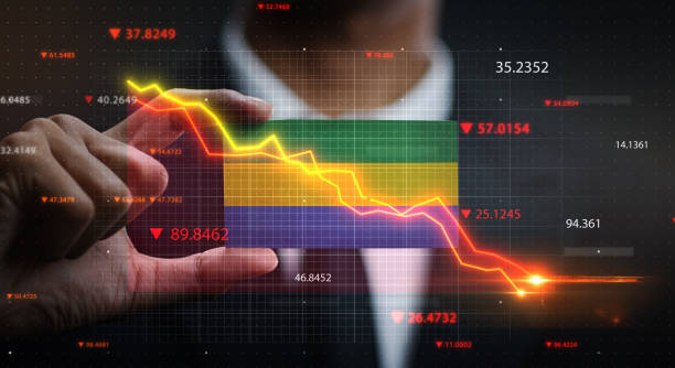 istock Graph Falling Down in Front Of Gabon Flag. Crisis Concept 1218760407