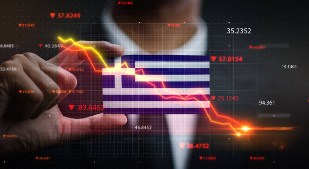 istock Graph Falling Down in Front Of Greece Flag. Crisis Concept 1218760719