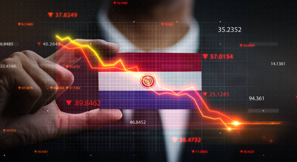 istock Graph Falling Down in Front Of Paraguay Flag. Crisis Concept 1218760721