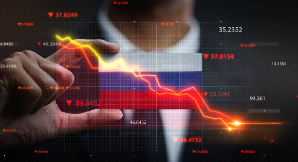 istock Graph Falling Down in Front Of Russia Flag. Crisis Concept 1218760868