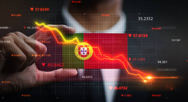istock Graph Falling Down in Front Of Portugal Flag. Crisis Concept 1218760869