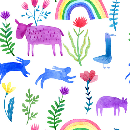 Watercolor Seamless Pattern With Animals Silhouettes And Flowers Stock  Illustration - Download Image Now - iStock
