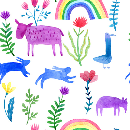 Watercolor Seamless Pattern With Animals Silhouettes And Flowers Stock Illustration - Download Image Now - iStock Watercolor Seamless Pattern With Animals Silhouettes And Flowers Stock Illustration - Download Image Now - iStock