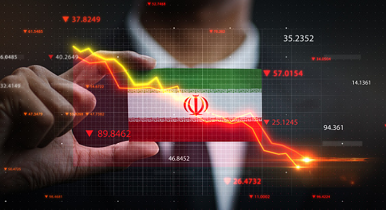 Graph Falling Down in Front Of Iran Flag. Crisis Concept