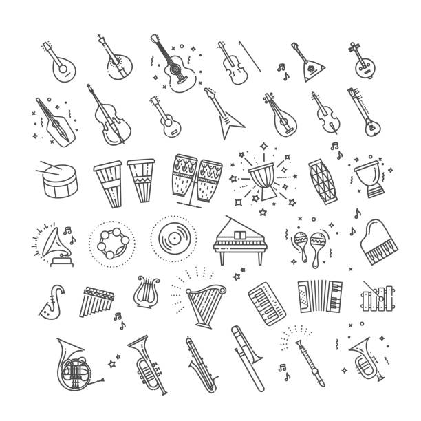 Outline flat vector icons. music classic instruments. Vector line icons set. Collection of musical instruments icons contra bassoon stock illustrations