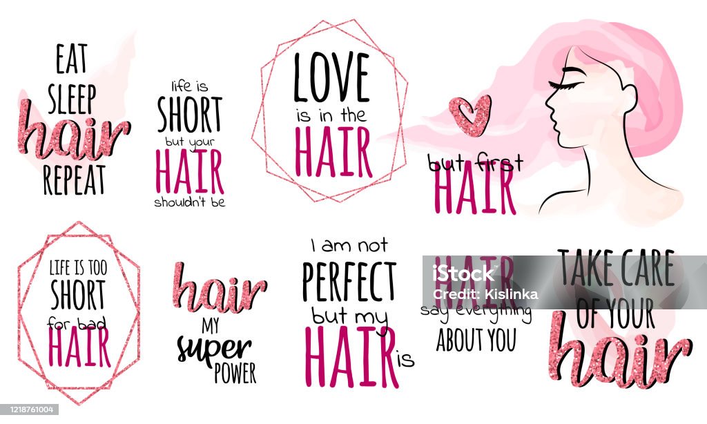 Set Of Phrases About Hair Hair Quotes Rose Gold Glitter And Frames Vector  Watercolor Girl Stock Illustration - Download Image Now - iStock
