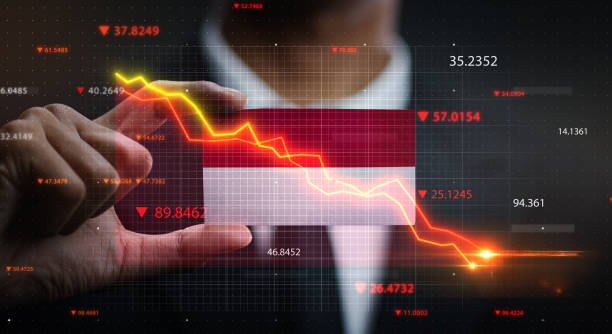 istock Graph Falling Down in Front Of Indonesia Flag. Crisis Concept 1218761052