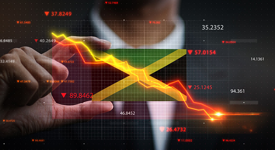 Graph Falling Down in Front Of Jamaica Flag. Crisis Concept