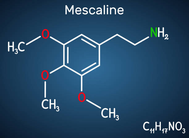 молекула мескалина. это галлюциногенный, психоделический, фенэтиламин алкалоид. структурная химическая формула на темно-синем фоне - phenethylamine stock illustrations