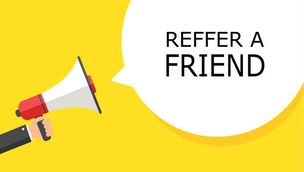 istock REFFER A FRIEND.Hand holding a megaphone with a lucky you speech bubble. Banner for business, loudspeaker. Vector graphics in a flat style. Vector 1218763148