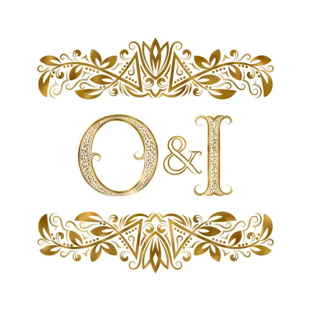 Vector illustration of O and I vintage initials symbol. The letters are surrounded by ornamental elements. Wedding or business partners monogram in royal style.