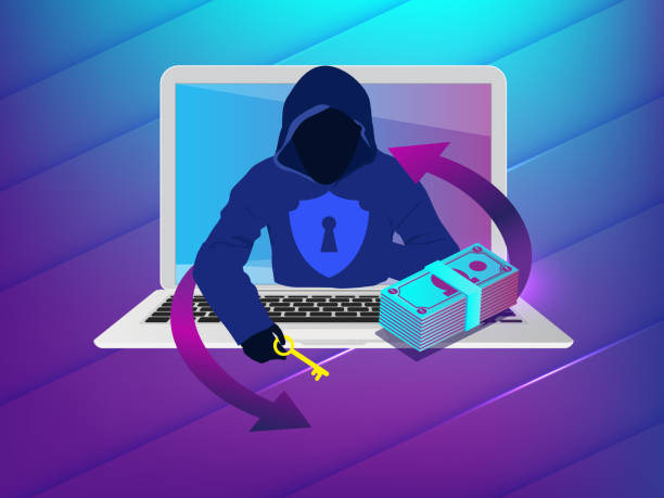ilustrações de stock, clip art, desenhos animados e ícones de ransomeware hacker - thief stealing identity computer