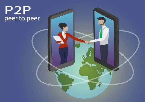 Vector illustration of P2P peer to peer lending.Two Businessman interacting with each other through mobile device displays.