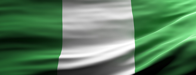 Nigeria sign symbol,  national flag waving texture background, Nigerian language, culture concept, banner. 3d illustration