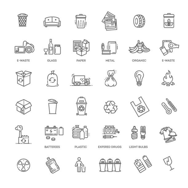 Garbage Vector Line Icons Set. Garbage icons set Different recycling garbage waste types sorting processing, treatment remaking trash utilize icons vector plastic bottles stock illustrations