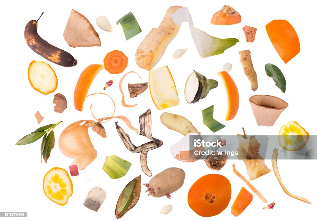 organic rest of fruits and vegetables all for compost natural recycling of organics, white background Garbage Stock Photo