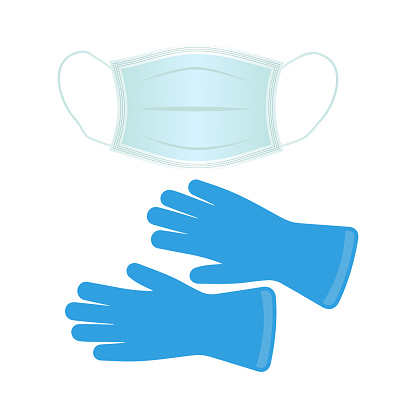Respiratory medical respiratory mask and gloves.Protection from the virus. Hospital or environmental pollution protects the face mask.Blue gloves and mask isolated on a white background.Vector illustration