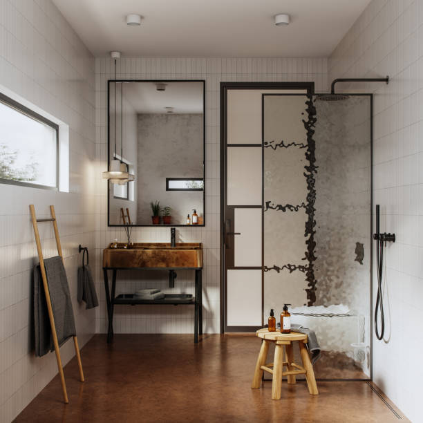современная минималистская ванная комната - tiled floor ceramic floor model home стоковые фото и изображения