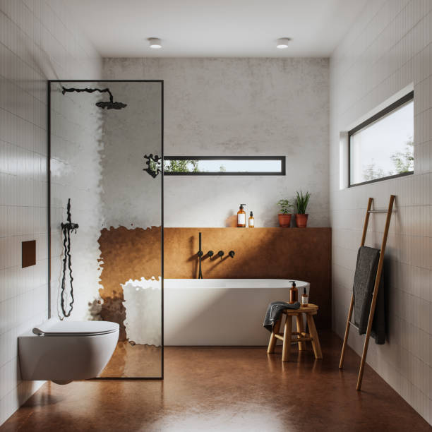 interior of bathroom in 3d - bathroom shower glass contemporary imagens e fotografias de stock