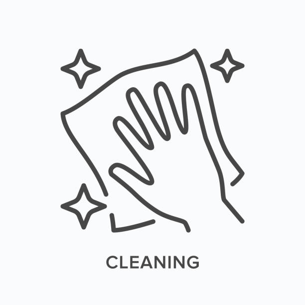 Hand cleaning icon. Vector outline illustration of wipe polish handling. Dust free zone pictogram Hand cleaning icon. Vector outline illustration of wipe polish handling. Dust free zone pictogram. desk symbols stock illustrations