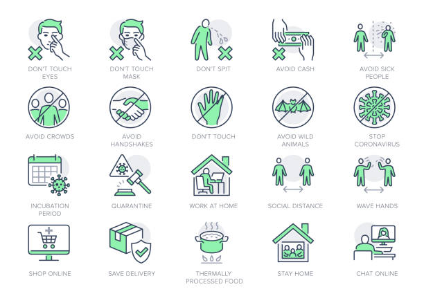 illustrazioni stock, clip art, cartoni animati e icone di tendenza di icone della linea di prevenzione del coronavirus. illustrazione vettoriale includono icona - distanza sociale, violazione della quarantena, periodo di incubazione, evitare strette di mano, rimanere a casa pittogramma per infografica, colore verde - spitting