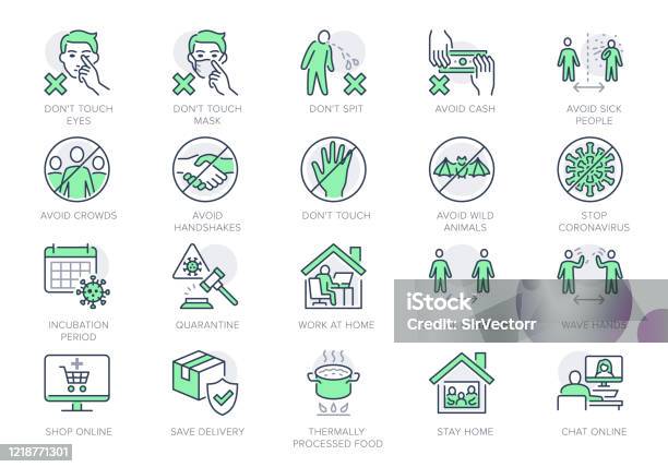 Coronavirus Prevention Line Icons Vector Illustration Include Icon Social Distance Quarantine Violation Incubation Period Avoid Handshakes Stay Home Pictogram For Infographic Green Color Stock Illustration - Download Image Now