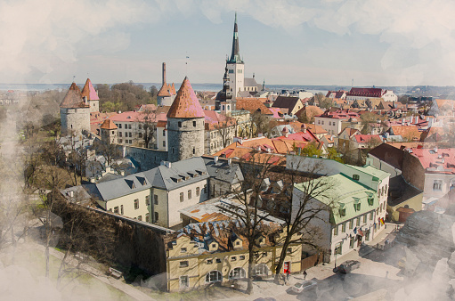 Watercolor effect of photo with view from above of Tallinn Old Town