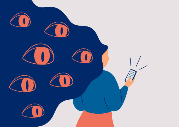 Spywares spy through the phone. Big eyes peek from hair at smartphone of woman. Spywares spy through the phone. Big eyes peek from hair at smartphone of woman. Concept of safety use personal data in social media and internet. Vector illustration peeking stock illustrations