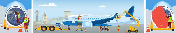 Aircraft maintenance, people clean plane at airport, professional technician team work, vector illustration Aircraft maintenance, people clean plane at airport, professional technician team work, vector illustration. Airplane maintenance and safety control check, inspection and repair service industry job airplane mechanic stock illustrations