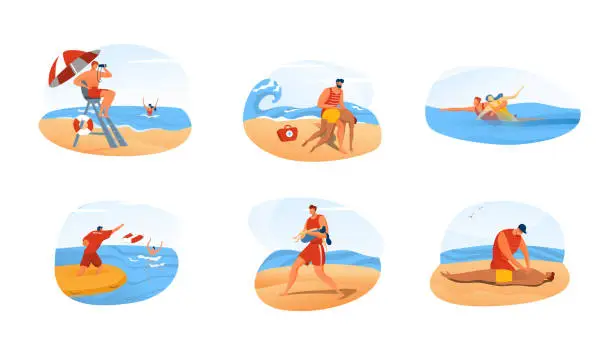 Vector illustration of Lifeguard man rescue people, ocean beach emergency situation set, vector illustration