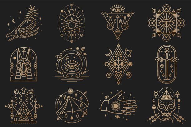 Esoteric symbols. Vector. Thin line geometric badge. Outline icon for alchemy, tarot cards, sacred geometry Mystic, magic design with stars, skull, gate to another world, moon, human skeleton hand Esoteric symbols. Vector. Thin line geometric badge. Outline icon for alchemy, tarot cards, sacred geometry. Mystic, magic design with stars, skull, gate to another world, moon, human skeleton hand paranormal illustrations stock illustrations