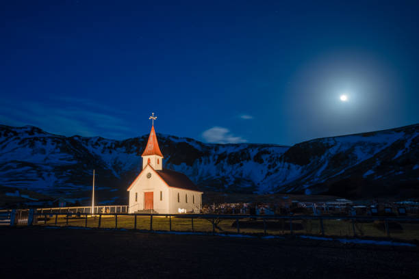 Church myrdal, Vik village, winter in Iceland, storm southern Iceland