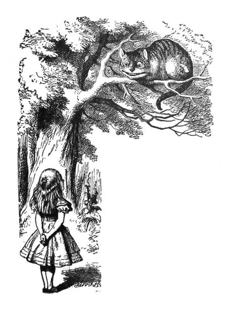 ilustrações, clipart, desenhos animados e ícones de alice no país das maravilhas ilustração antiga - alice falando com gato de cheshire em uma árvore - 1897