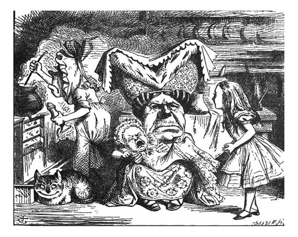 Alice in Wonderland Antique illustration - Alice talking to Duchess with baby in her lap From Alice's Adventures in Wonderland by Lewis Carroll 1897 john tenniel stock illustrations