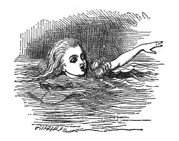 Alice in Wonderland Antique illustration - Alice swimming in salt water From Alice's Adventures in Wonderland by Lewis Carroll 1897 john tenniel stock illustrations