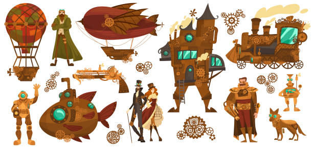 Steampunk technologies, fantasy vintage transport and people cartoon characters, vector illustration Steampunk technology, fantasy vintage transport and people cartoon characters, vector illustration. Mechanical vehicle, airship, submarine, hot air balloon and train. Steam punk invention isolated set steampunk woman stock illustrations