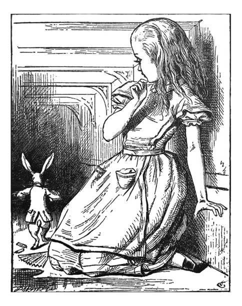 Alice in Wonderland Antique illustration - Very large Alice looking at a small white rabbit From Alice's Adventures in Wonderland by Lewis Carroll 1897 john tenniel stock illustrations