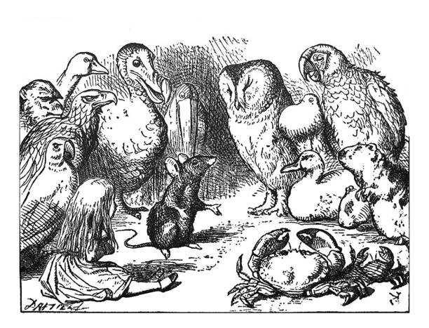 Alice in Wonderland Antique illustration - Mouse talking to Alice and a large group of animals and birds From Alice's Adventures in Wonderland by Lewis Carroll 1897 john tenniel stock illustrations