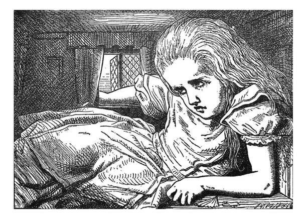 Alice in Wonderland Antique illustration - Very large Alice cramped into a room by a window From Alice's Adventures in Wonderland by Lewis Carroll 1897 john tenniel stock illustrations