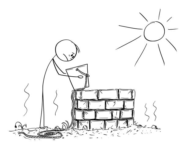 Vector Cartoon Illustration of Man or Farmer Looking in to Empty Bucket or Pail From Dry Well. Concept of Hot Weather, Drought and Aridity Vector cartoon stick figure drawing conceptual illustration of depressed man or farmer looking in to empty bucket or pail from dry well. Concept or shortage of water, weather, aridity and drought. old water well drawing stock illustrations