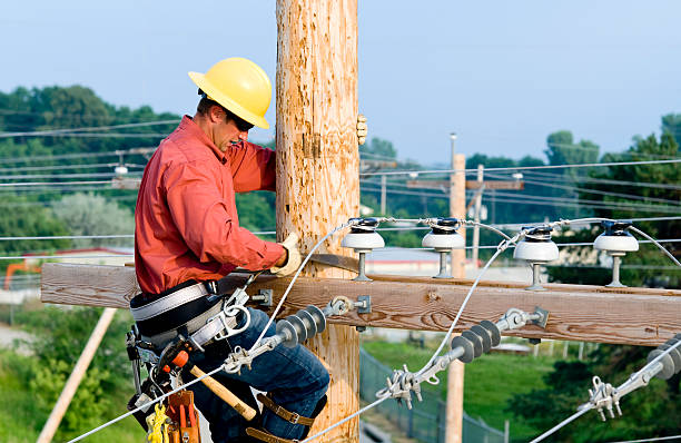 utility lineman - maintenance engineer fuel and power generation power line electricity foto e immagini stock