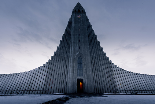 Hallgrímskirkja Church at sunset in Reykjavik, Iceland.