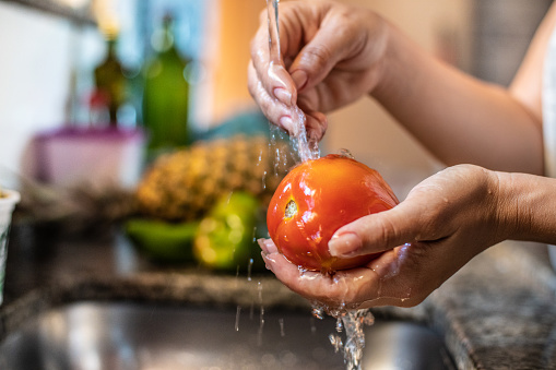 Close up of hands washing fresh tomato