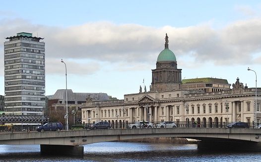 13th April 2020, Dublin, Ireland. The Custom House and SIPTU Liberty Hall buildings in the distance, on the Quays next to the River Liffey, in Dublin City Centre.